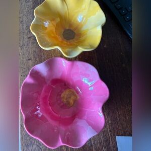 Set of 2 Floral Bowls Pink Yellow trinket trays